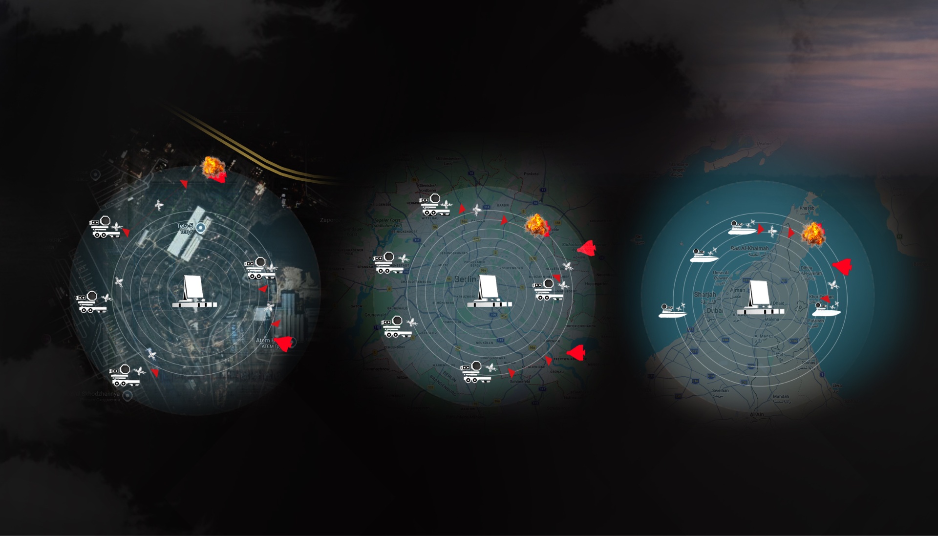 A.L.I.T.A. coverage zones — layered defensive radii over urban and regional maps