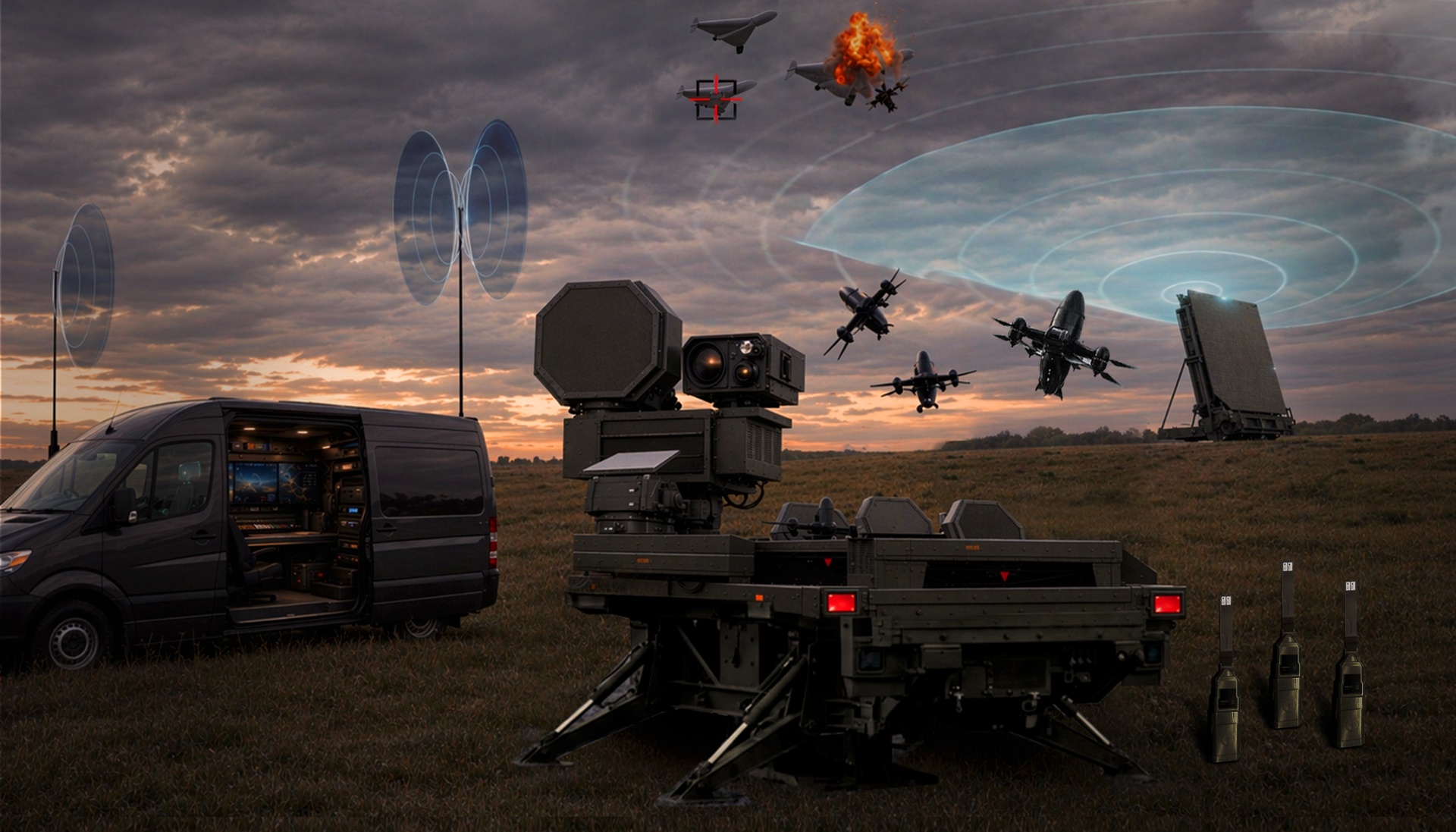 A.L.I.T.A. system deployment — mobile command vehicle, radar, launchpad and interceptor drones engaging aerial threats at dusk